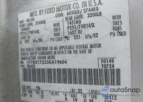 2003 Ford F-150 Xl/Xlt from USA, damaged, VIN 1FTRX17233KA19604